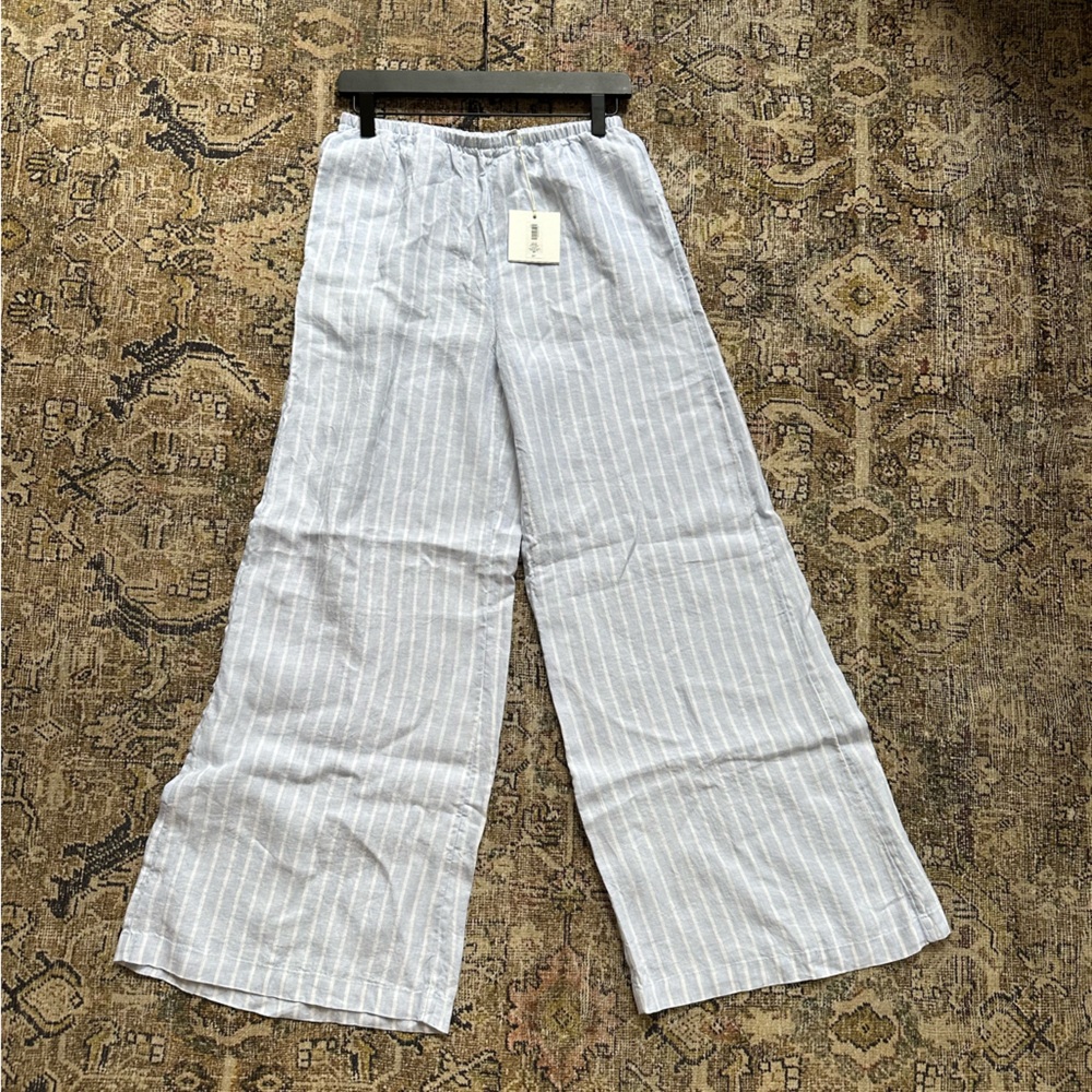 Aritzia Light Blue & White Striped Wide-Leg Linen Pants